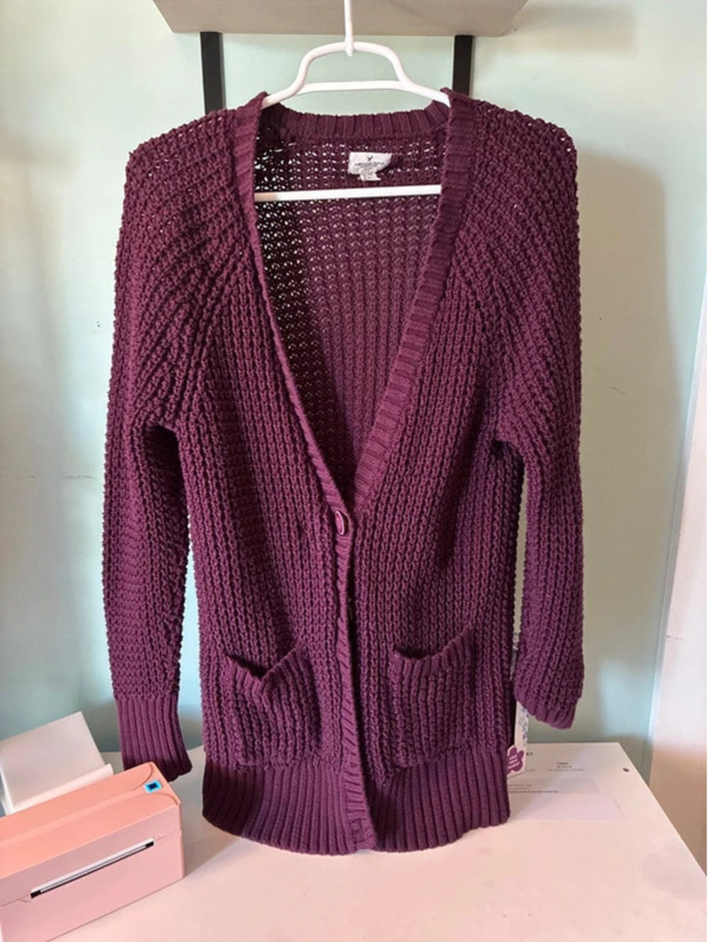 🍇 American Eagle Chunky Knit Cardigan – Burgundy/Mauve – XL